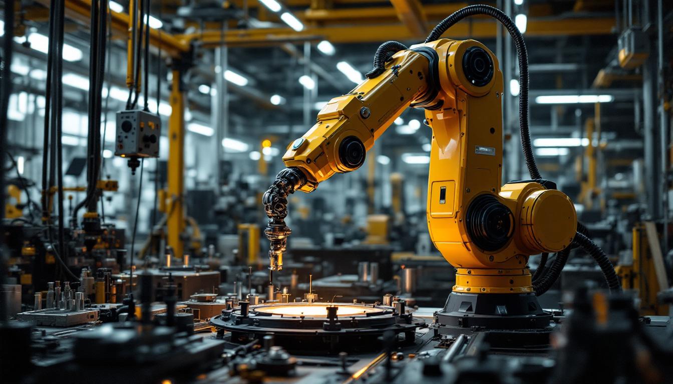A photograph of a sleek industrial robotic arm in action within a modern manufacturing environment