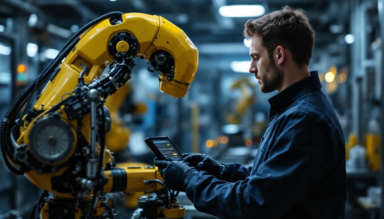 A photograph of a skilled technician programming or operating an industrial robot in a modern manufacturing facility