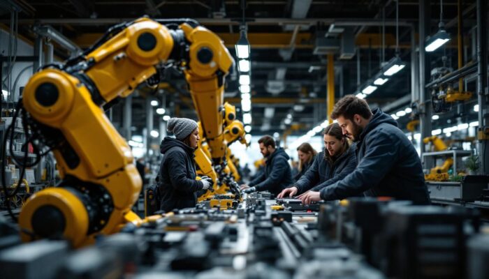 A photograph of a bustling bay area commuter scene featuring individuals interacting with industrial robots in a modern workplace
