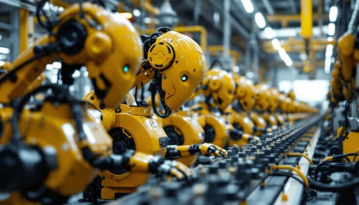 A photograph of a diverse group of industrial robots working collaboratively on an assembly line
