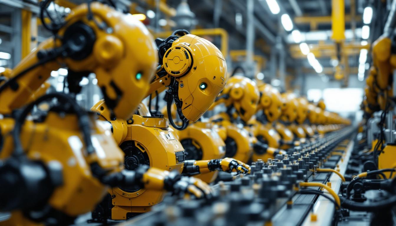 A photograph of a diverse group of industrial robots working collaboratively on an assembly line