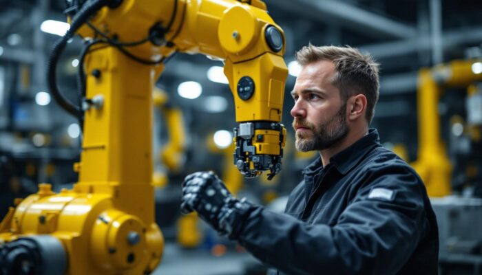 A photograph of a skilled technician inspecting an industrial robotic arm in a modern manufacturing facility