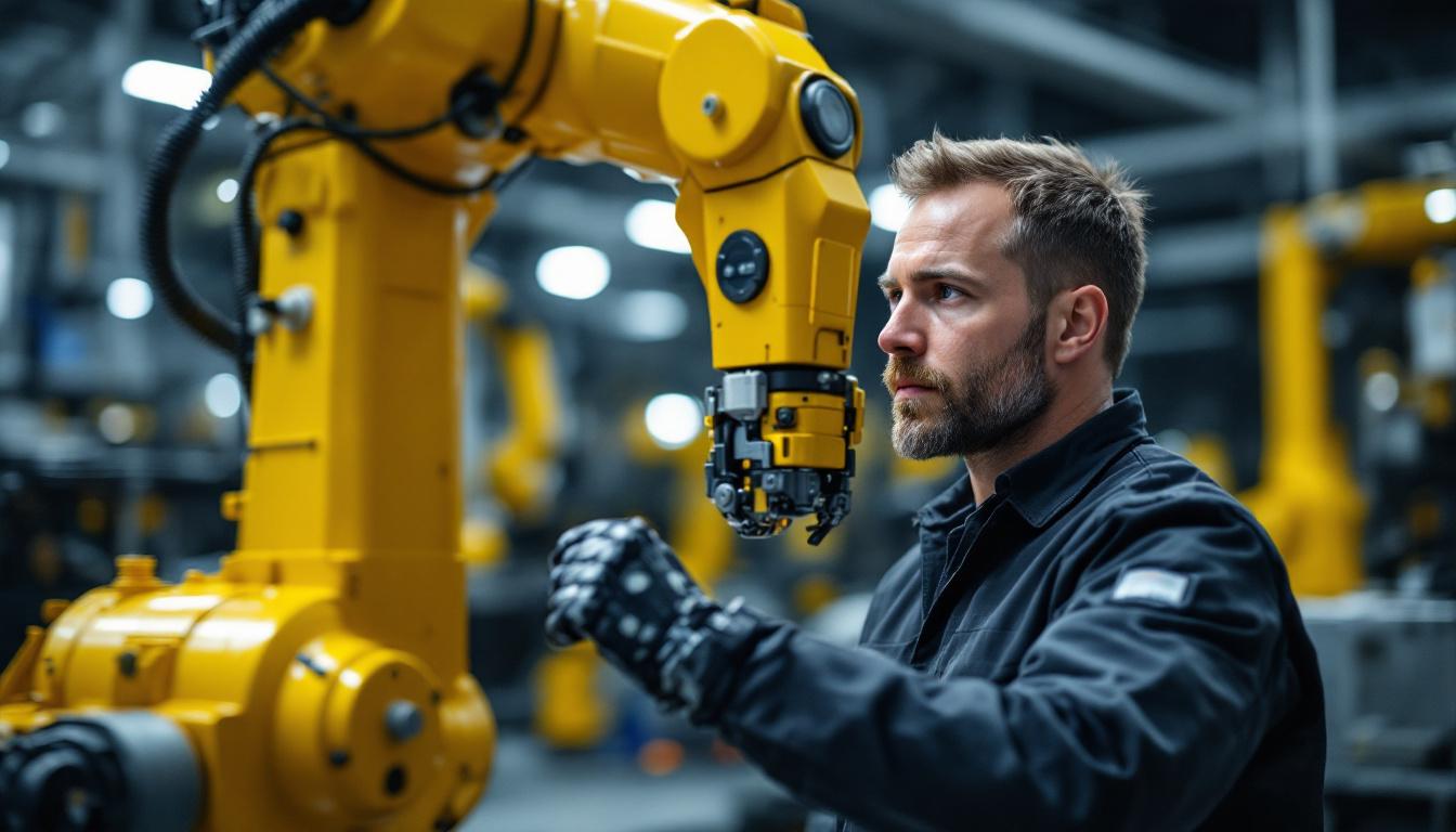 A photograph of a skilled technician inspecting an industrial robotic arm in a modern manufacturing facility