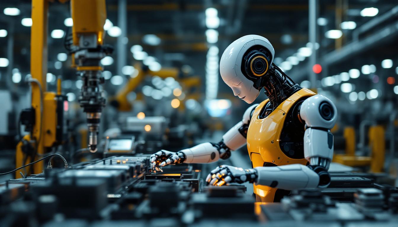 A photograph of a sleek industrial robot in action within a modern manufacturing facility