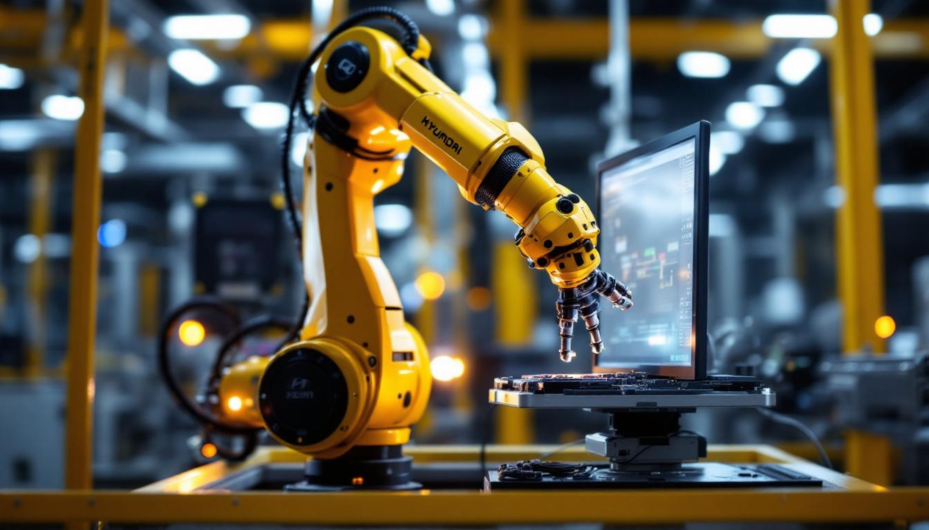 A photograph of a hyundai industrial robotic arm in action