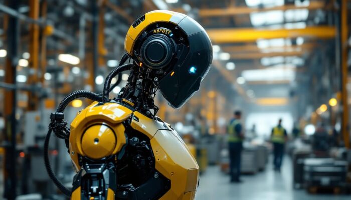 A photograph of a sleek industrial robot in action within a manufacturing environment
