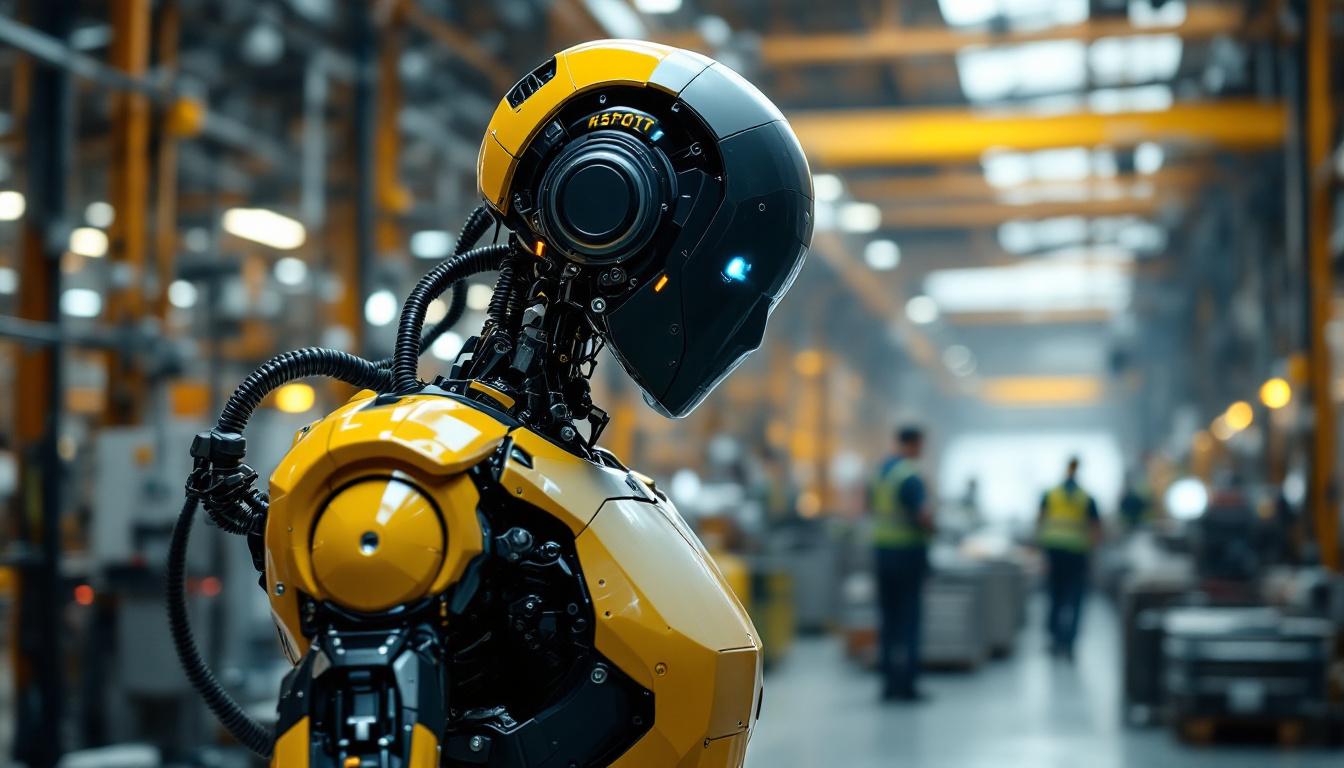 A photograph of a sleek industrial robot in action within a manufacturing environment