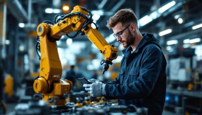 A photograph of a dynamic industrial setting featuring an entry-level electrical engineer actively working with or programming a robotic arm