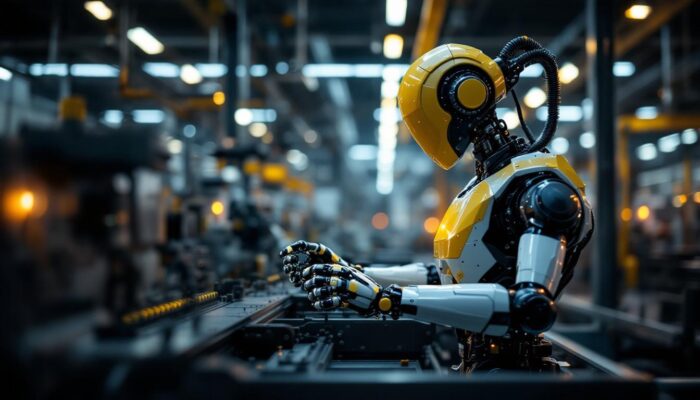 A photograph of capture a photograph of a modern industrial robot in action within a factory setting