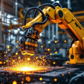 A photograph of a dynamic industrial robotic arm in action within a modern manufacturing facility