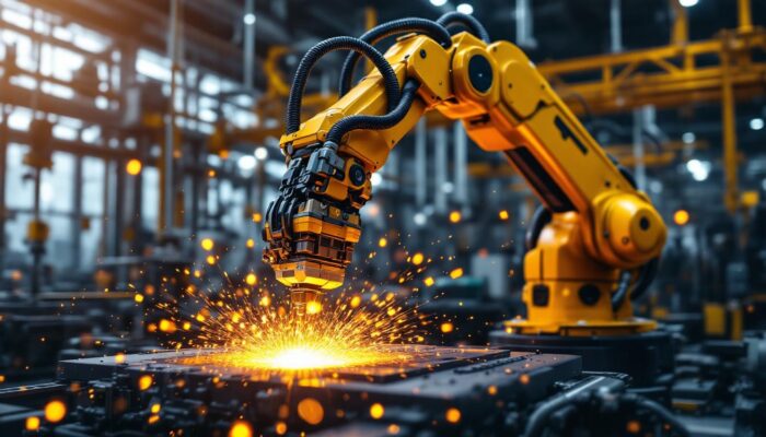 A photograph of a dynamic industrial robotic arm in action within a modern manufacturing facility
