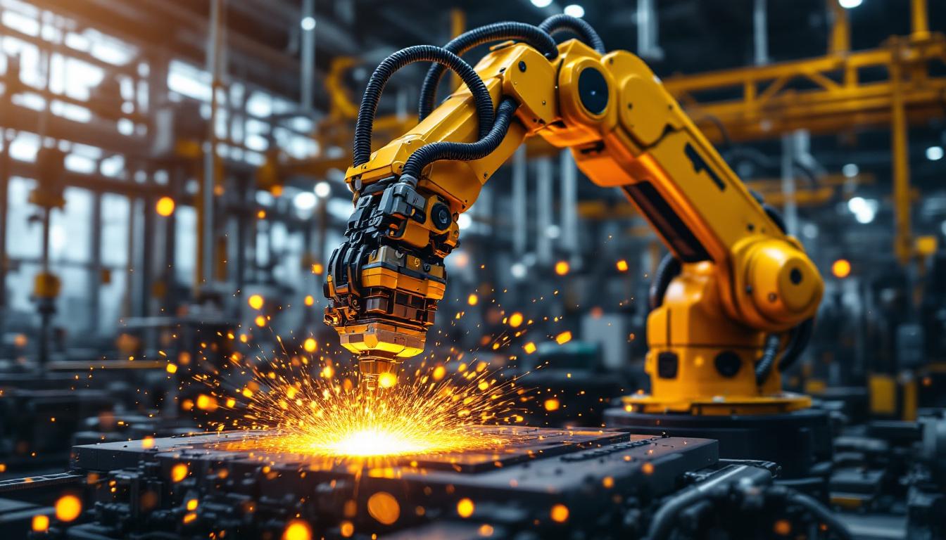 A photograph of a dynamic industrial robotic arm in action within a modern manufacturing facility