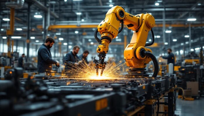 A photograph of a dynamic scene featuring an industrial robot in action within a boston manufacturing facility