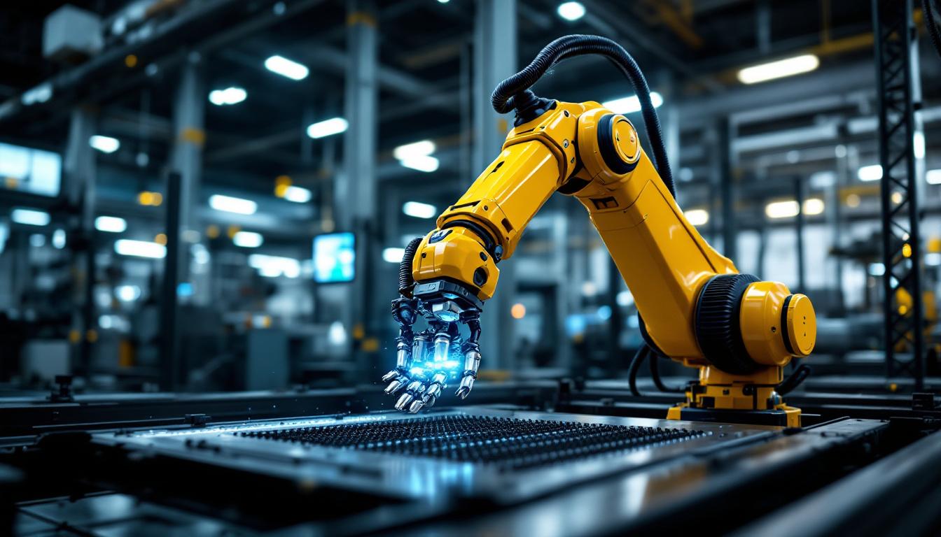 A photograph of a dynamic industrial setting showcasing a robotic arm in action