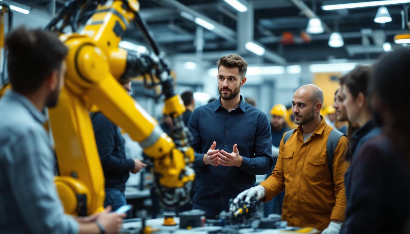 A photograph of a skilled trainer demonstrating the operation of an industrial robot in a hands-on training session