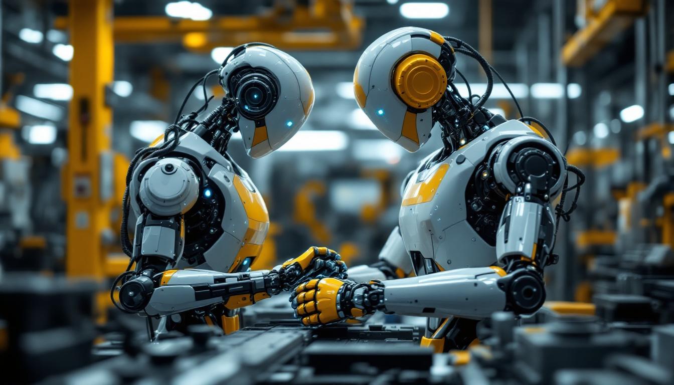A photograph of a sleek industrial robot in action within a modern manufacturing environment
