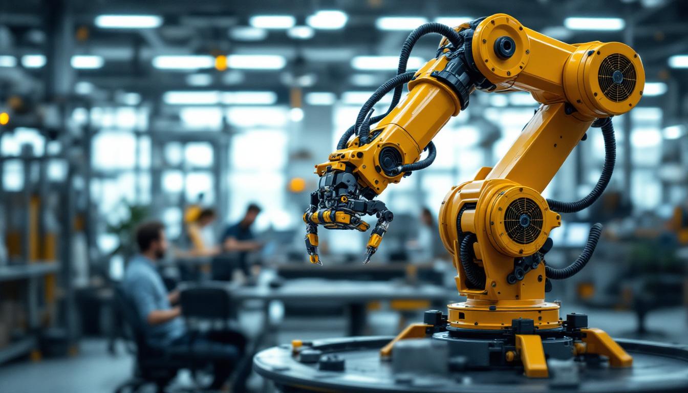 A photograph of a dynamic industrial robotic arm in action within a college laboratory setting