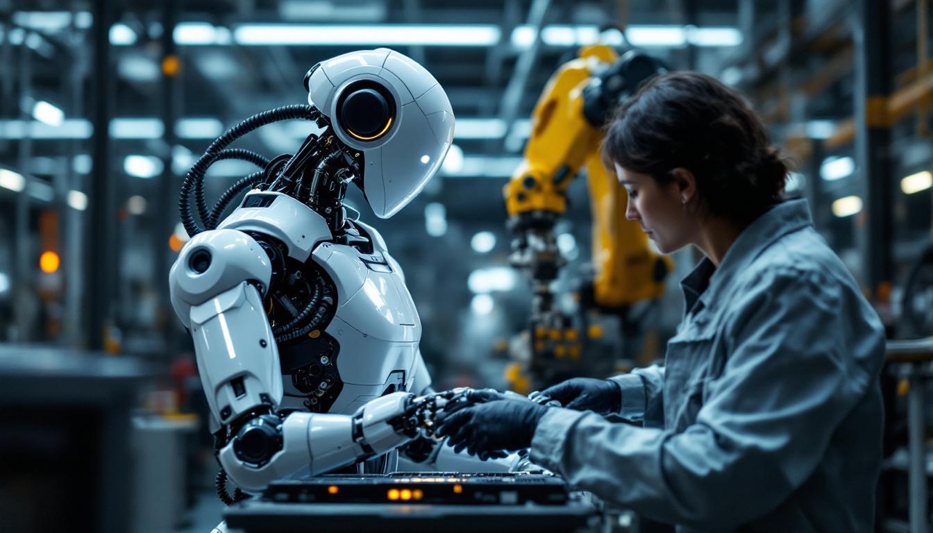 A photograph of a modern industrial robot in action within a manufacturing setting
