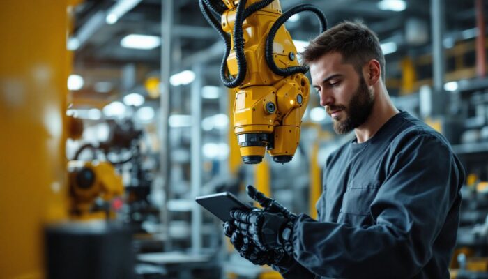 A photograph of a mechanical engineer interacting with an industrial robot in a modern manufacturing setting