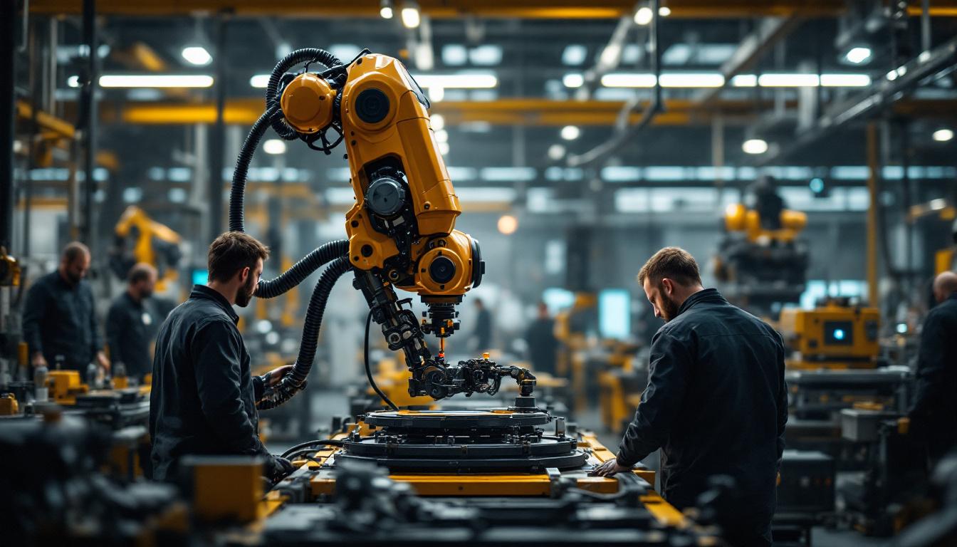 A photograph of a dynamic industrial setting in boston featuring a robotic arm in action