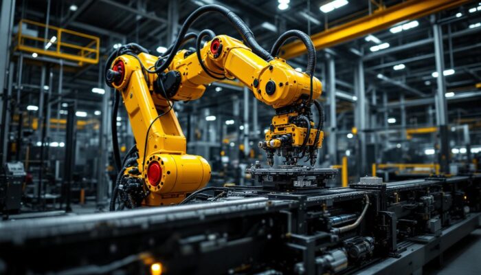 A photograph of a large industrial robotic arm in action at big dog motors inc