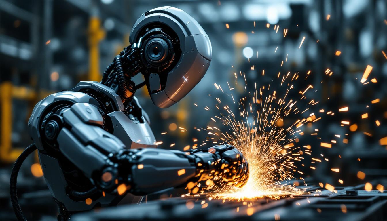 A photograph of a sleek industrial robot in action