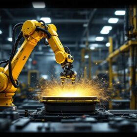 A photograph of a dynamic industrial robot in action within a waltham manufacturing facility