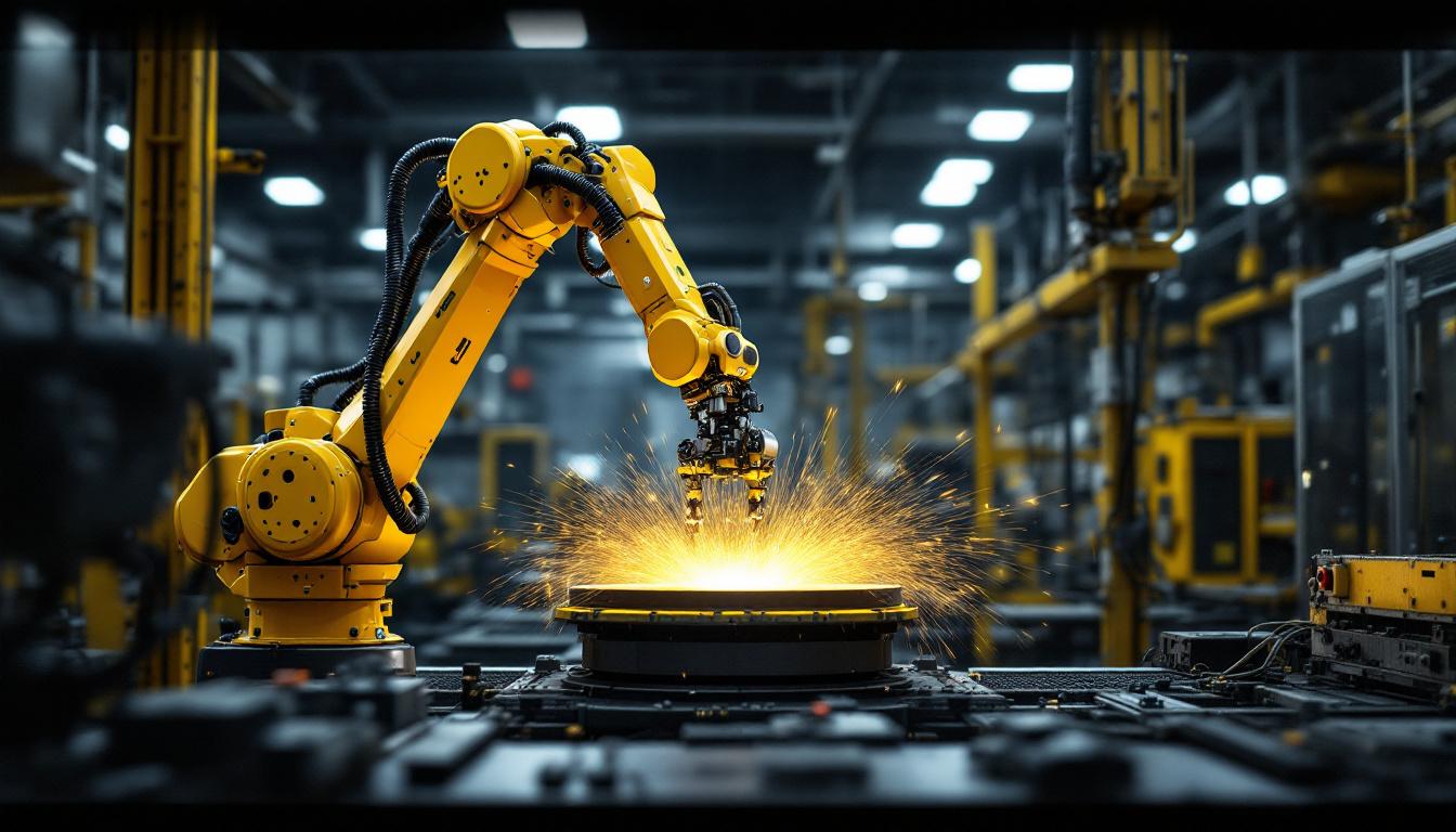 A photograph of a dynamic industrial robot in action within a waltham manufacturing facility