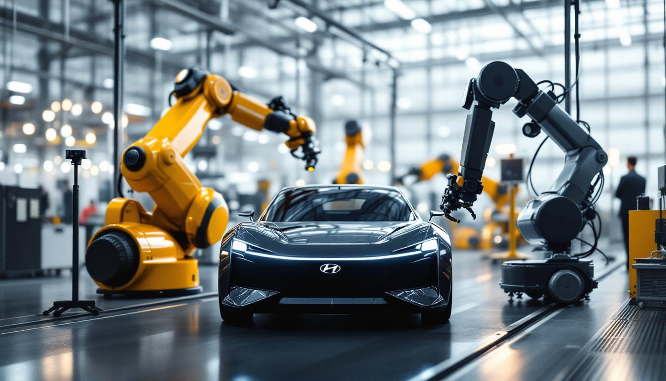 A photograph of capture a photograph of the hyundai n vision 74 in an industrial setting