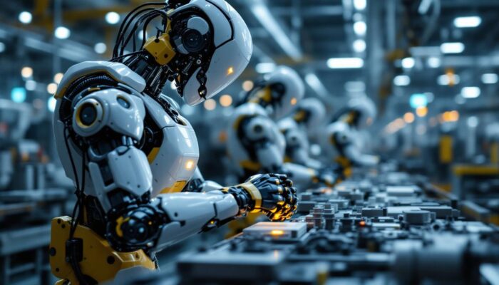 A photograph of a modern industrial robot in action on a factory floor