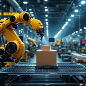 A photograph of a dynamic industrial setting showcasing a robotic arm in action
