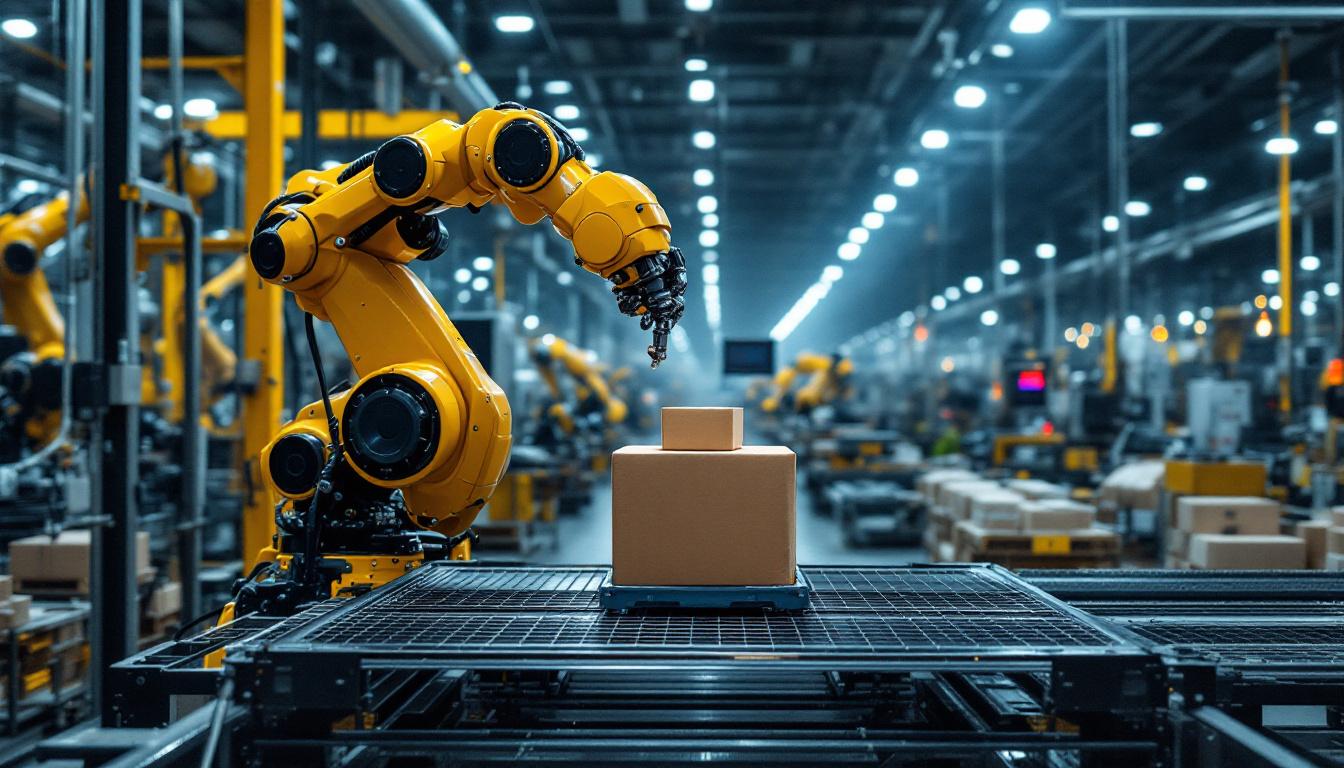 A photograph of a dynamic industrial setting showcasing a robotic arm in action