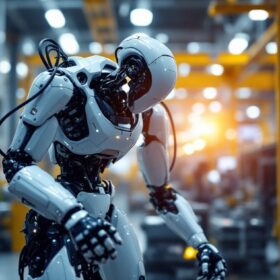 A photograph of a sleek industrial robot in action within a high-tech manufacturing environment