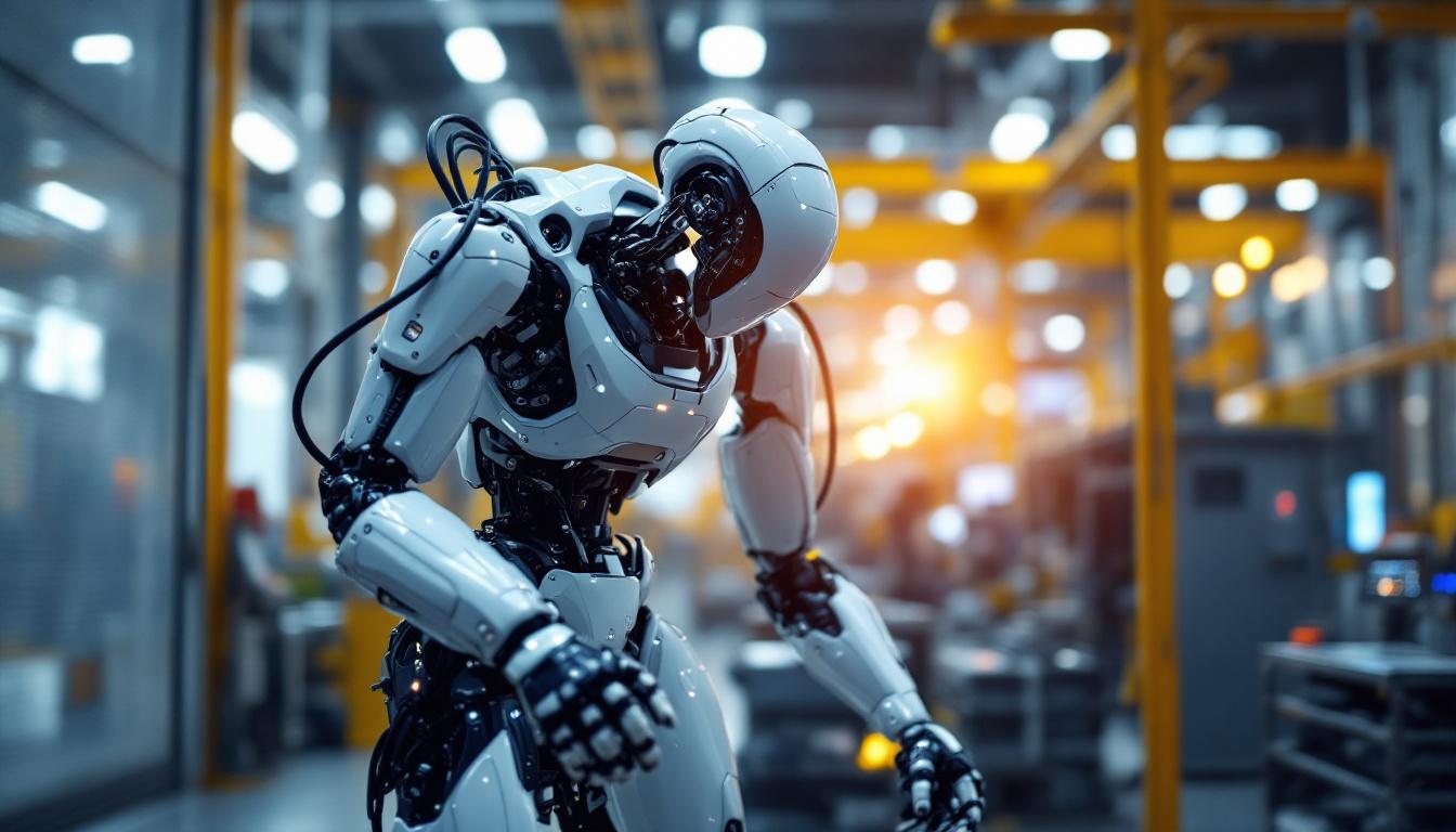 A photograph of a sleek industrial robot in action within a high-tech manufacturing environment