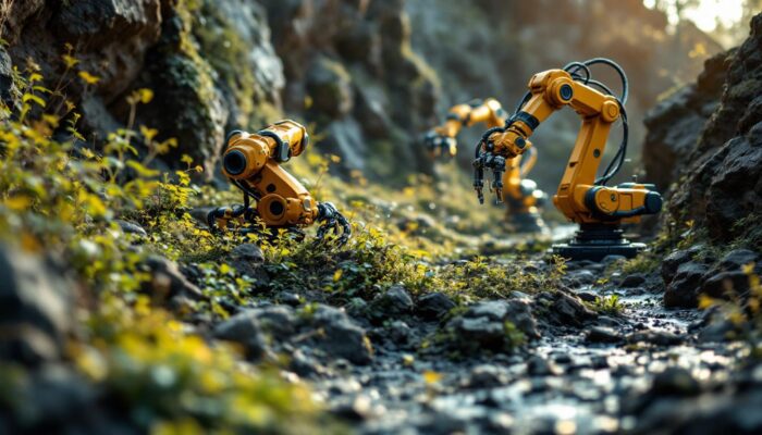A photograph of a rugged outdoor setting featuring industrial robots in action