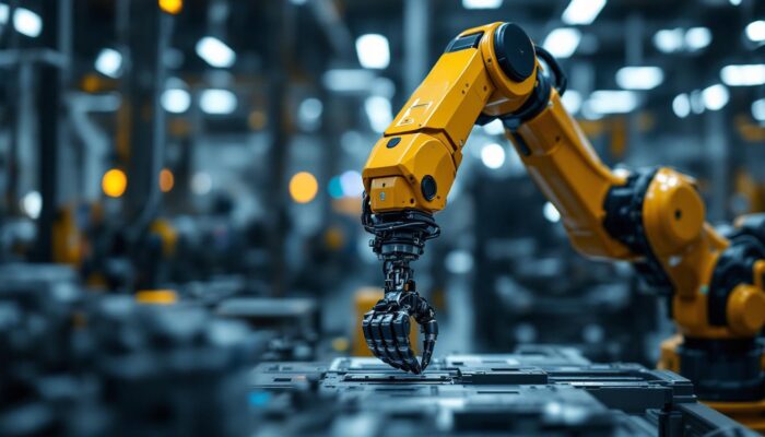 A photograph of a sleek industrial robotic arm in action