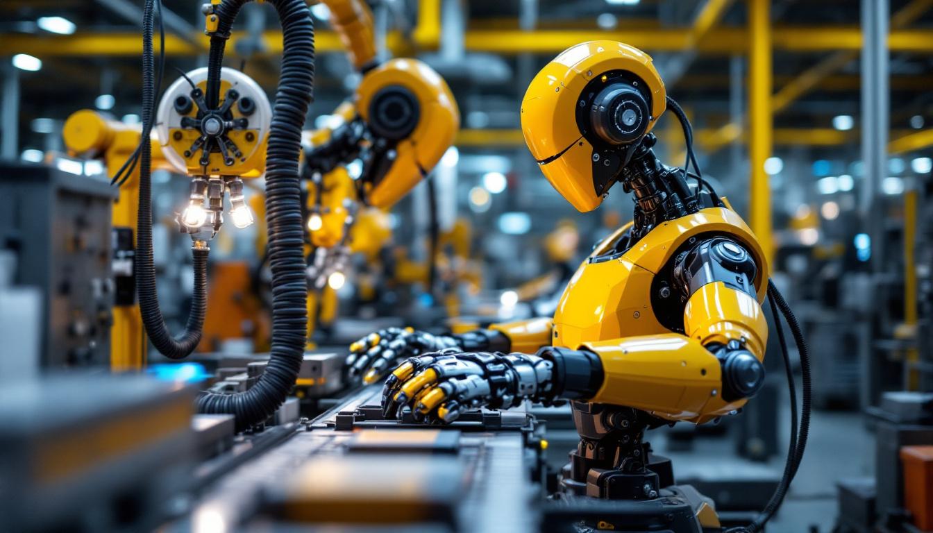 A photograph of a modern industrial robot in action within a manufacturing setting