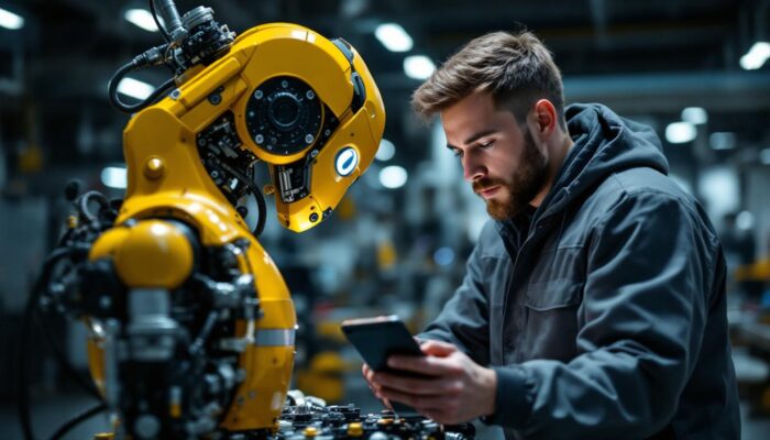 A photograph of a young robotics engineer working on an industrial robot in a modern manufacturing environment