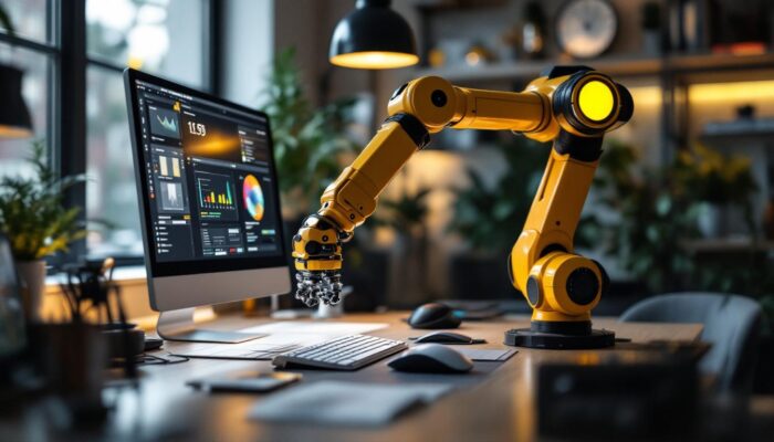 A photograph of a modern home office setup in boston featuring a sleek industrial robotic arm in action
