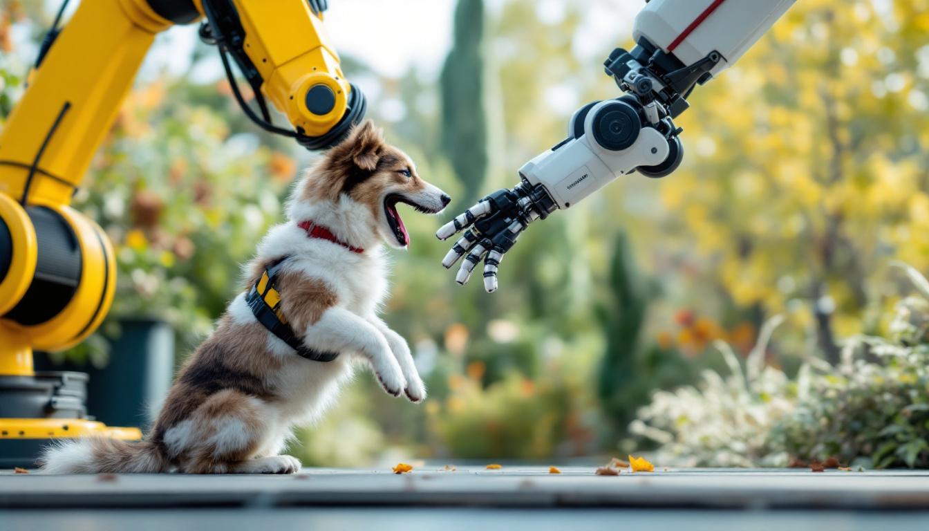 A photograph of a playful dog interacting with an industrial robotic arm in a vibrant outdoor setting