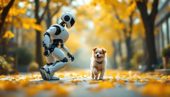 A photograph of a playful dog walking alongside a humanoid industrial robot in a vibrant outdoor setting