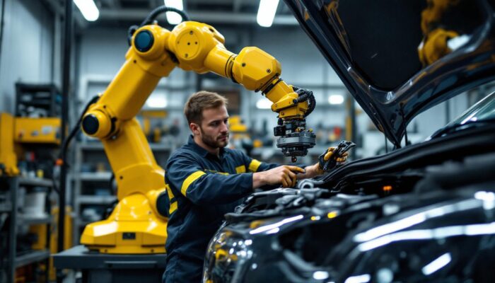 A photograph of a skilled auto body technician working on a vehicle