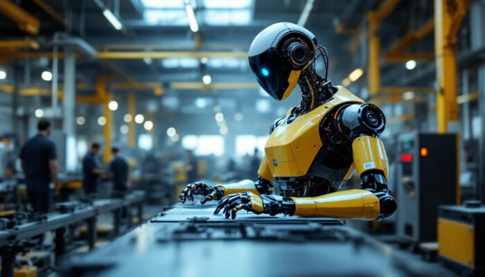 A photograph of a sleek industrial robot in action within a manufacturing environment