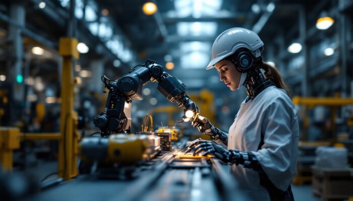 A photograph of a sleek industrial robot in action within a modern manufacturing environment