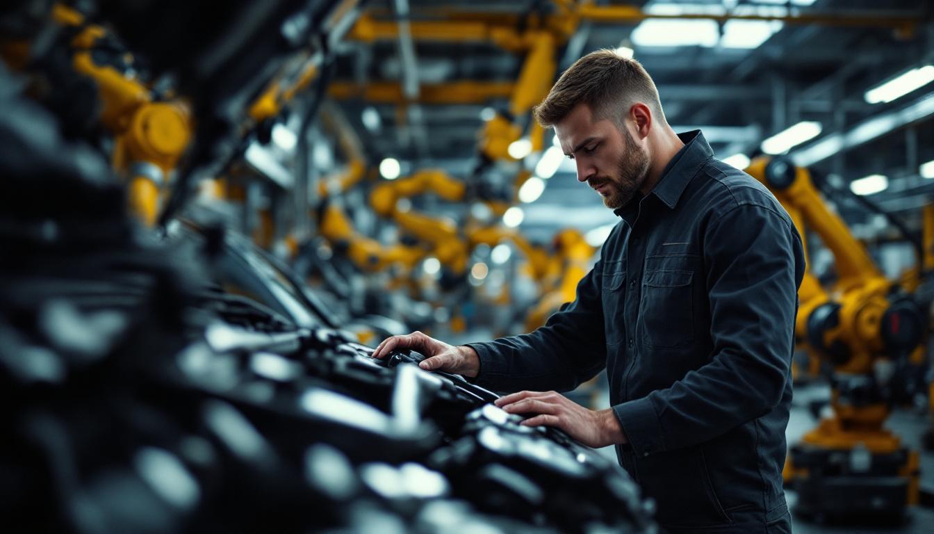 A photograph of a skilled technician performing a car inspection in a well-lit automotive workshop