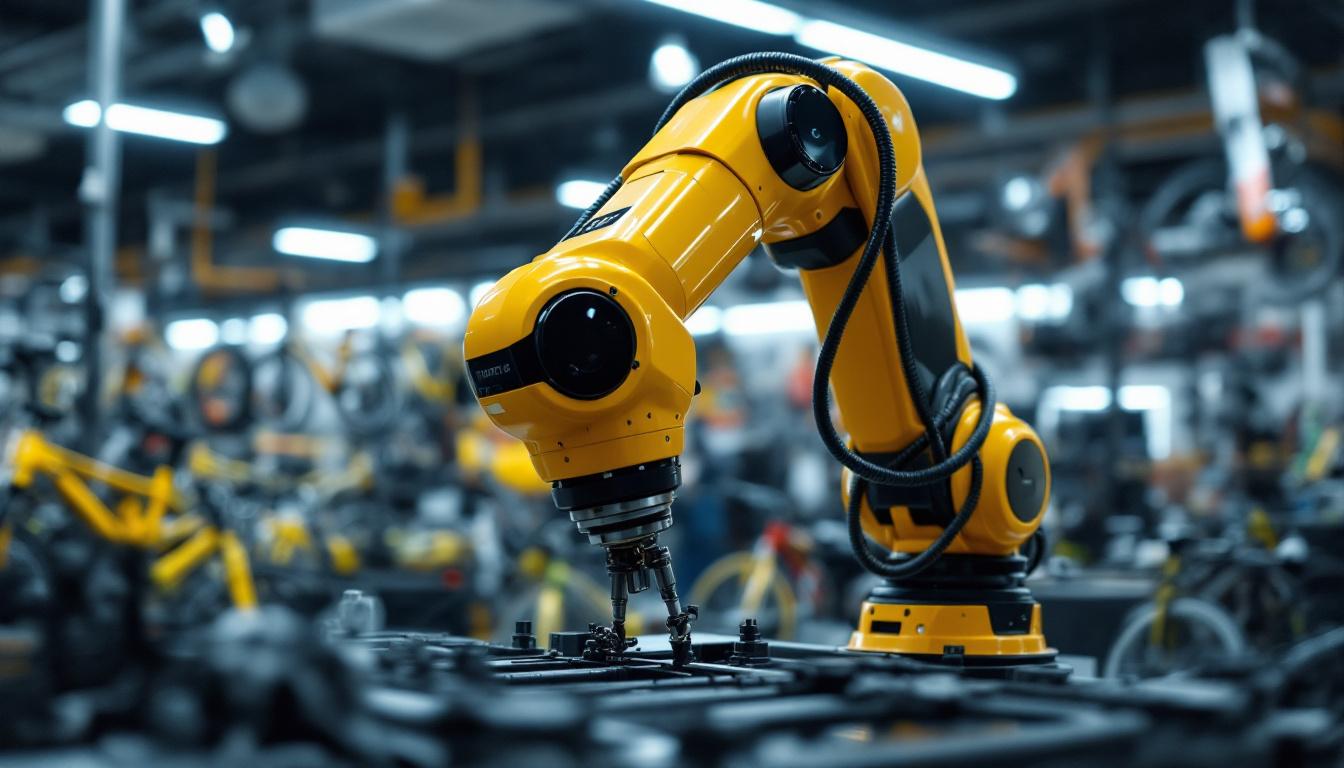 A photograph of a sleek industrial robotic arm in action at a bike store in boston