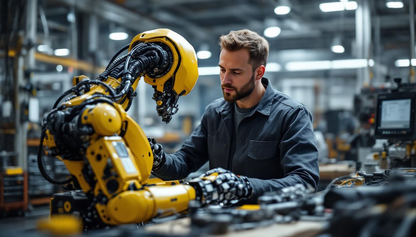 A photograph of a mechanical engineer working hands-on with an industrial robot in a modern workshop