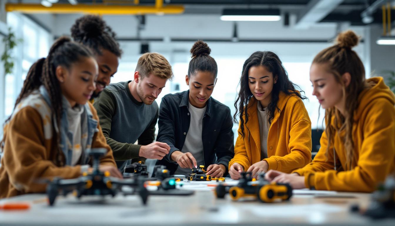 A photograph of a diverse group of students engaged in assembling and programming educational drone kits in a bright