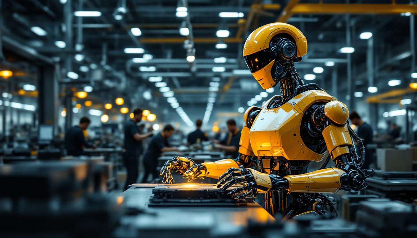 A photograph of a sleek industrial robot in action within a modern manufacturing environment