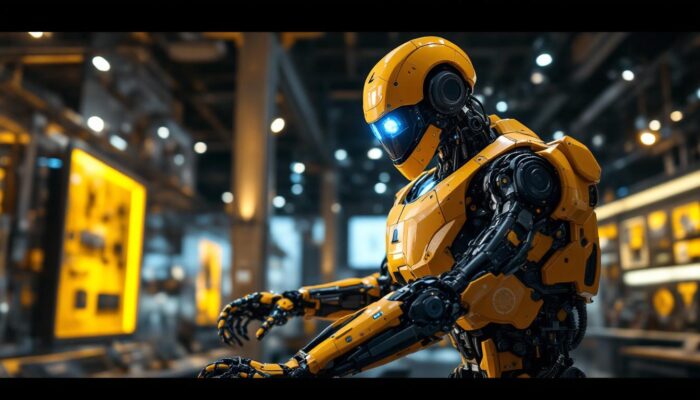 A photograph of a dynamic industrial robot in action within a museum setting